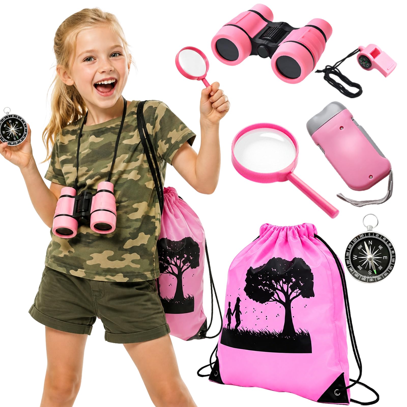 6 Pcs Explorer Costume Kids Pink Adventure Outdoor Exploration Kit