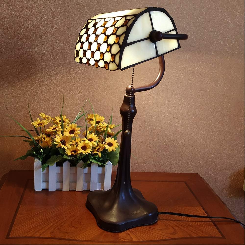 Flash Deals - 60% OFF HT Tiffany Style Traditional Banker’s Desk Lamp 10 Inch Wide Bead Curtain Stained Glass Shade Cast Iron Antique Base Traditional Handmade Lighting for Dining Room Living Room Bedroom Study Office