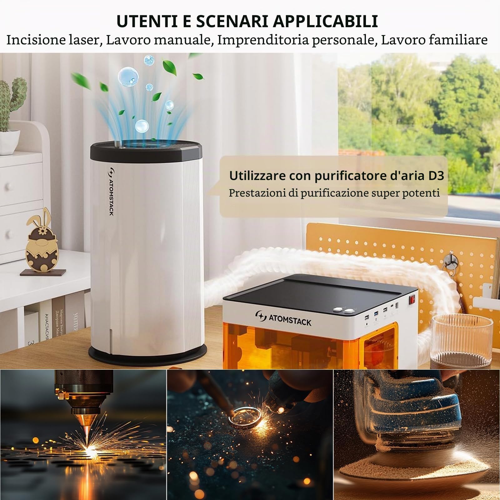 ATOMSTACK D3 Purificatore d'aria per incisione laser efficienza di filtrazione del 99,9%, sistema di filtraggio a 5 strati, motore da 3500 giri/min deodorizzazione con carbone attivo
