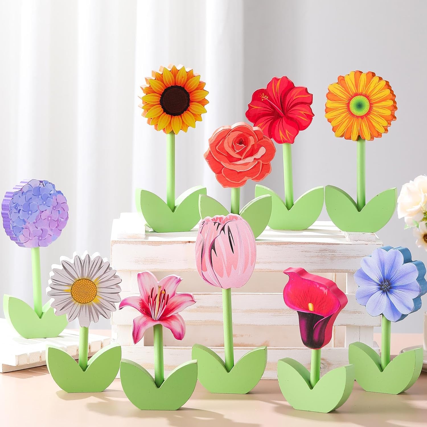 Yousoontic 10 Pack Spring Wooden Flower Table Decor Wood Tulips Daisies Centerpiece Signs Flower Shelf Sitter Floral Tiered Tray Decorations for Crafts Home Easter Office Decor Mother's Day Gifts
