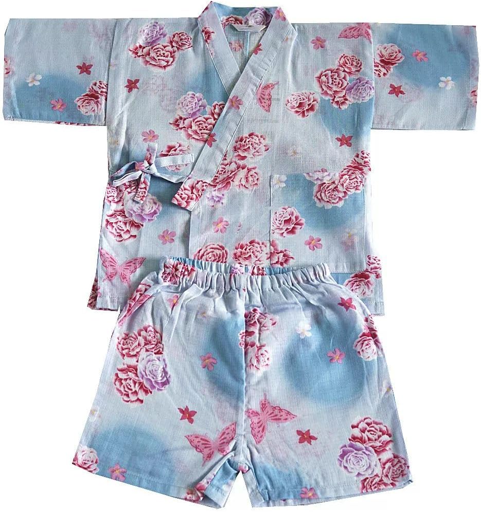Girls Jinbei Kimono 2-Piece Short Sleeve Outfit Summer Top and Shorts Set Cotton Kids Japanese Kimono Yukata