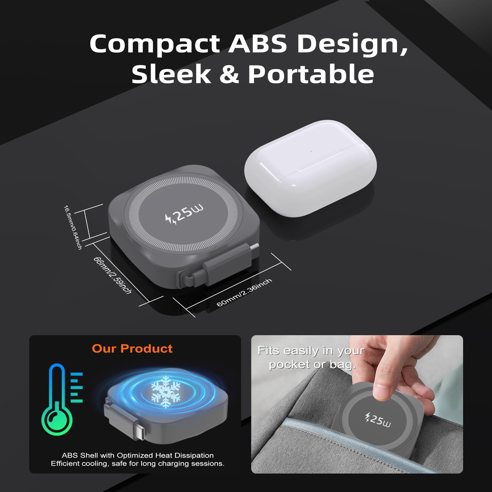 Caricatore Wireless Magnetico 25W con Cavo USB C Retrattile, Base Ricarica Wireless Veloce Qi2.2 Per iPhone 17/16/15/14/13/12/Airpods, Caricatore Portatile per Samsung Galaxy, Google Pixel ecc,Grigio