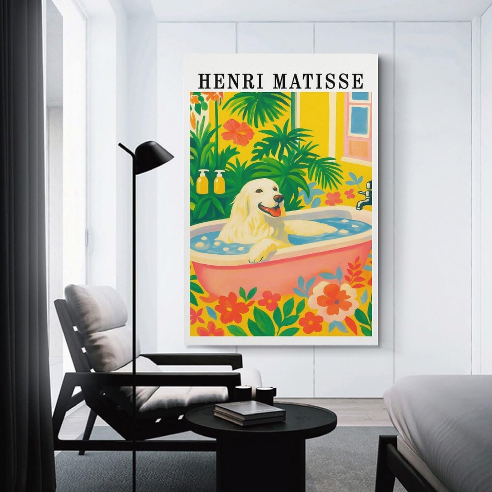 Junmoney Dog in Bathtub Henri Matisse Style Home Decor Wall Art, 12x18inch(30x45cm), for Apartment Walls, Studios Or Work Areas, Wall Decor with Flexible Room Appeal