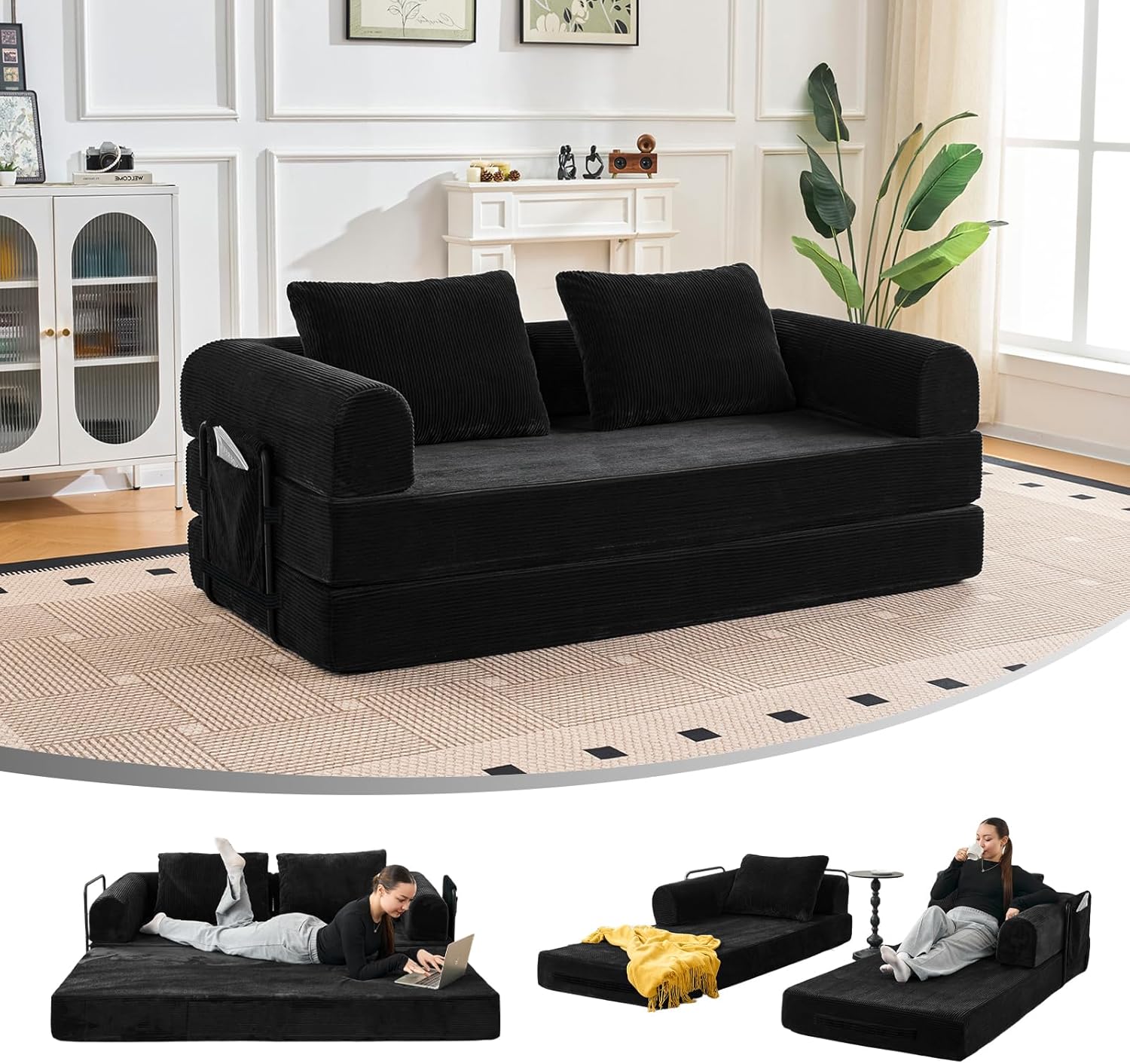 79" Convertible Sofa Bed, 5-in-1Boneless Couch for Living Room with 2 Pillows Corduroy Folding Sleeper Sofa Bed, Boneless Cloud Loveseat Futon Sofa Bed for Living Room Bedroom Lounge, Black