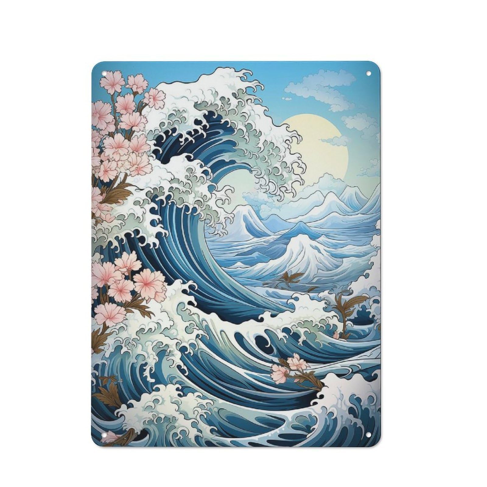 Junmoney Great Wave With Cherry Blossoms Rustic Tin Sign 40X30cm For Lounge Or Reading Corner, For Metal Sign Collectors, For Cafés, Pubs And Restaurants