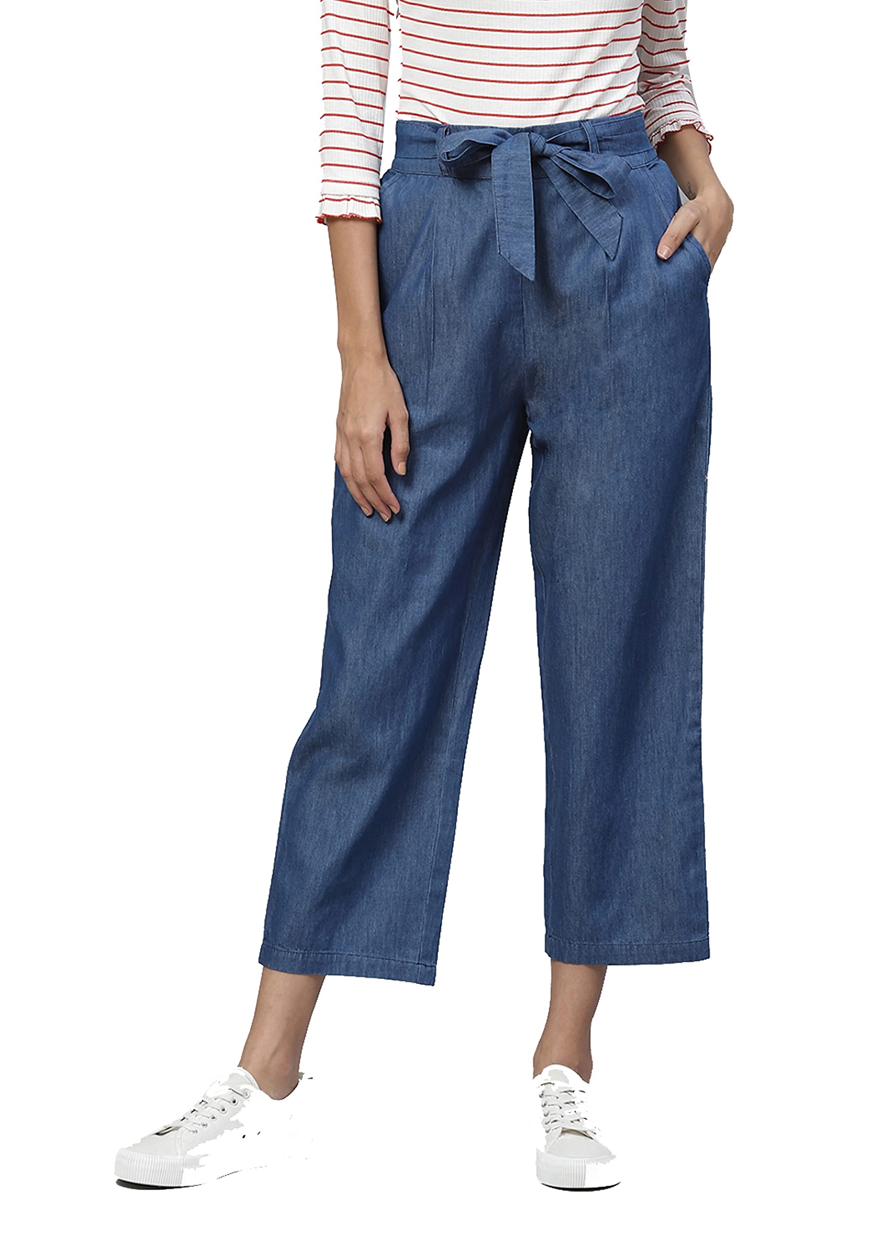 Yash Gallery Womens Denim Flared Solid Trousers for Summer
