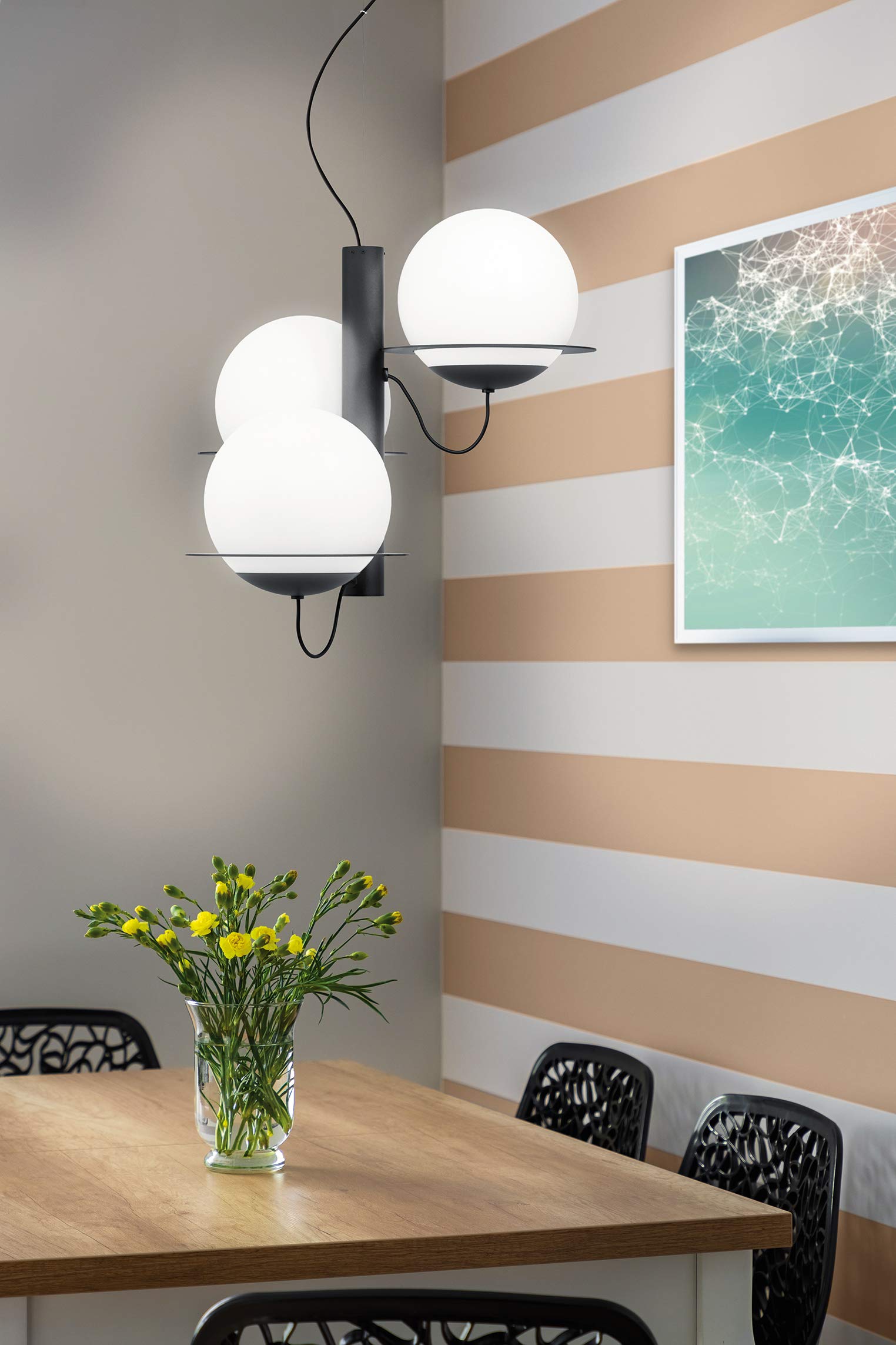 EGLO lampada a sospensione Sabalete, 3 luci, design moderno, acciaio | e vetro nero, bianco opalino, per tavolo da pranzo e soggiorno, portalampada E27