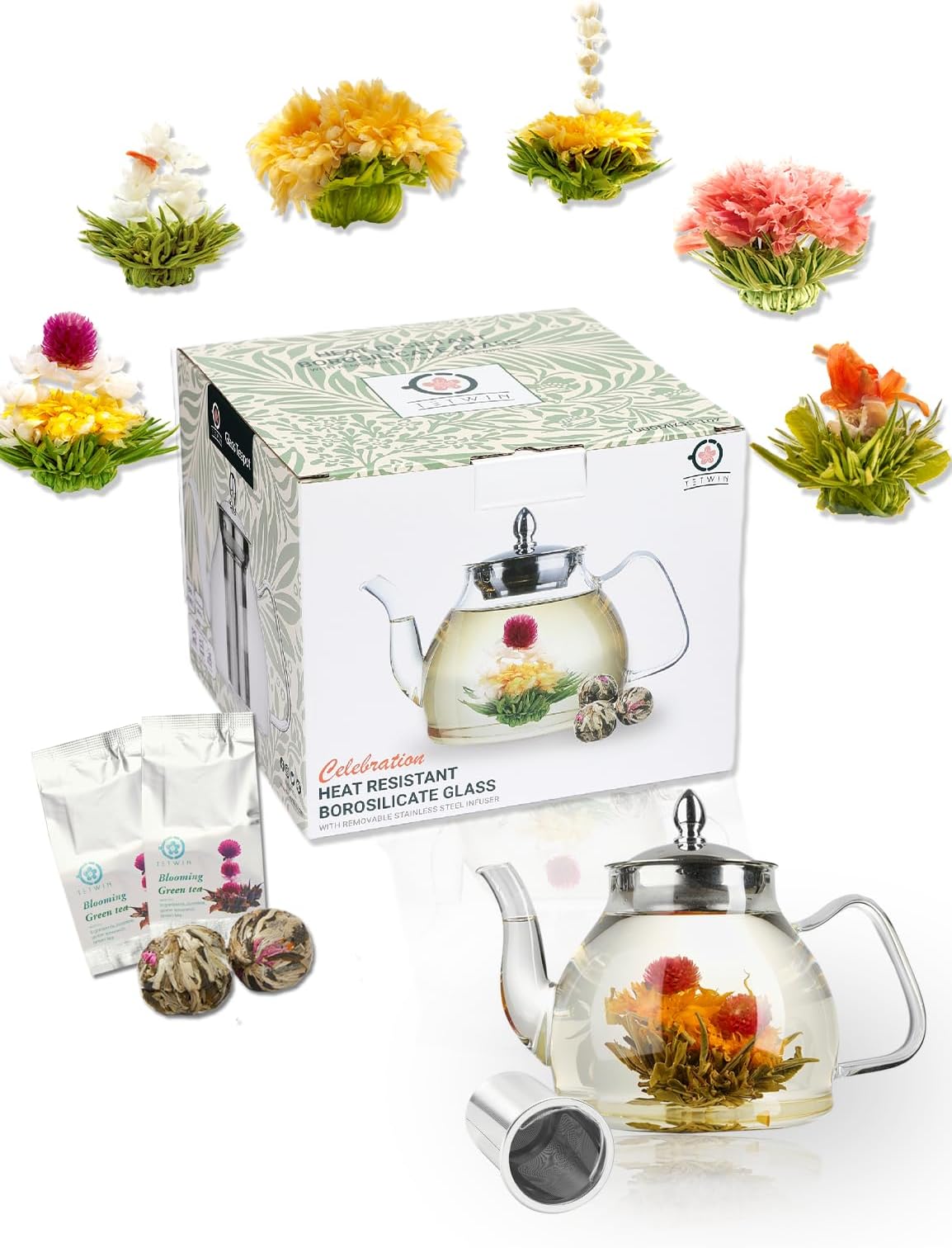 Teabloom Stovetop & Microwave Safe Glass Teapot (40 oz) with Removable Loose Tea