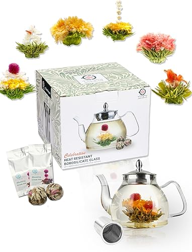 Miniatura 1 de TETWIN Tetera de vidrio que incluye 6 bolas de té de flores florecientes, tetera segura para estufa con infusor extraíble para té de hojas sueltas,