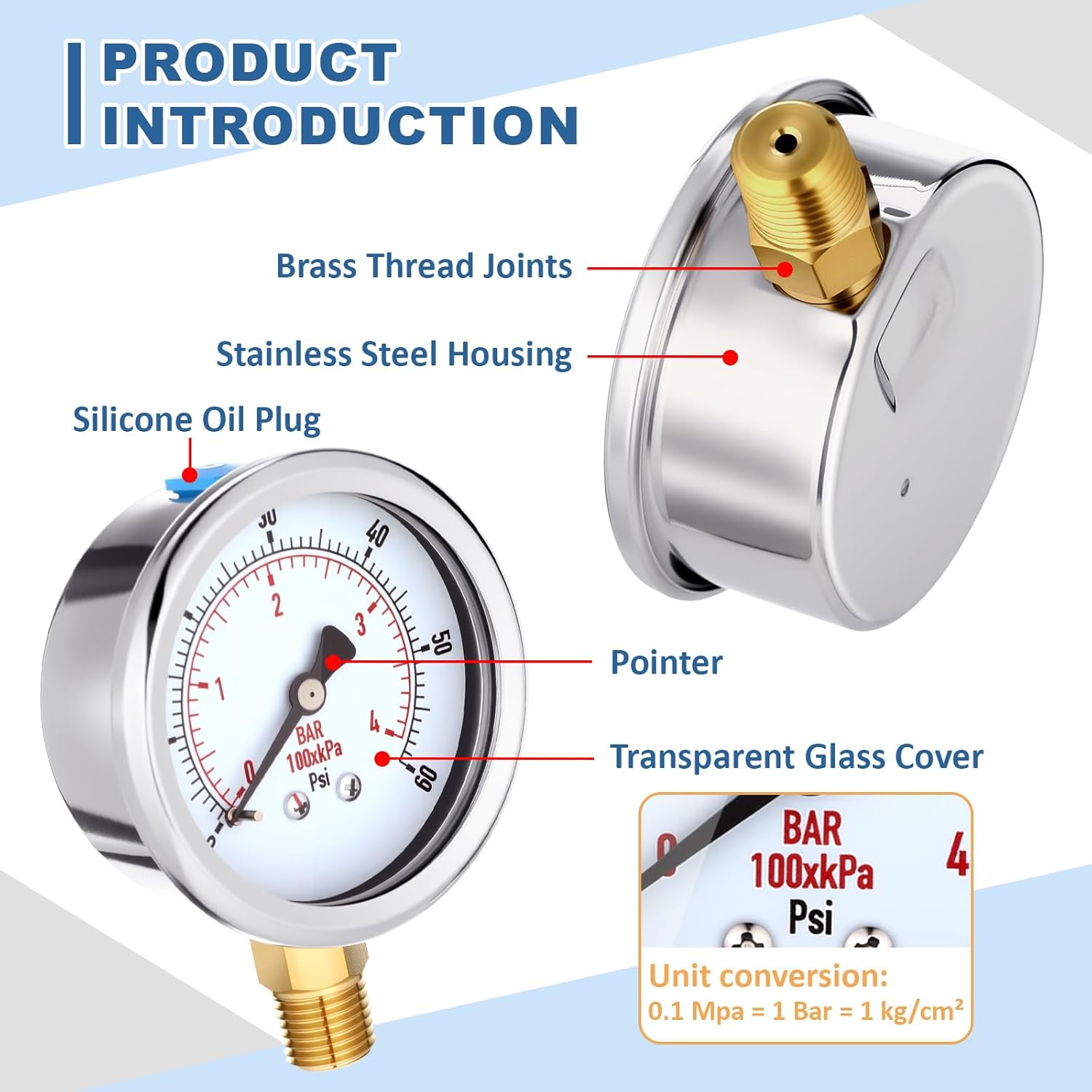 Flutesan 6 Pcs 0-60psi Low Pressure Gauge 2.5" Face Dial Size 1/4 NPT Lower Mount Waterproof Pressure Gauge with Stainless Steel Case for Pool Water Pump Tire Water Oil Air