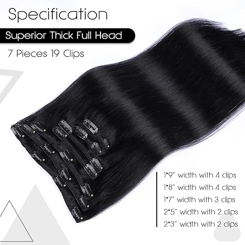 Miniatura 4 de VINBAO Extensiones de cabello humano Remy negro con pinzas, color negro azabache, extensiones de cabello humano grueso con clip, 20 pulgadas, doble