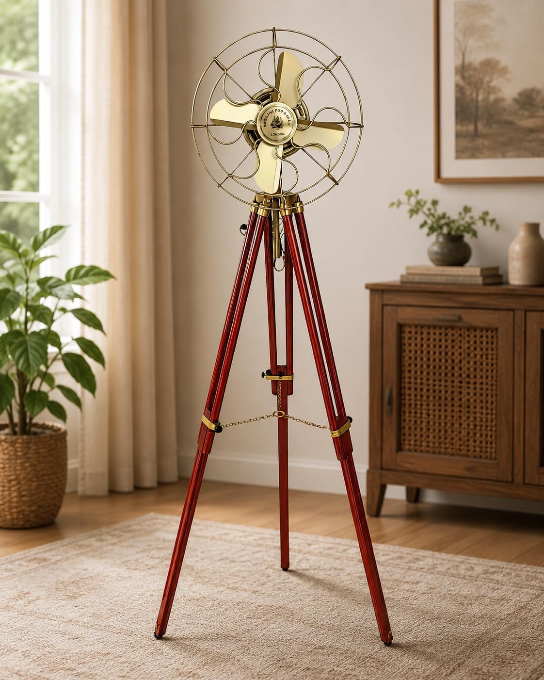 Vintage Brass Floor Fan with Wooden Tripod Stand, 14-Inch Electric Retro Fan, Adjustable Height 63–68 Inches, Swivel Head, Antique Brass Finish, Decorative Home & Office Fan