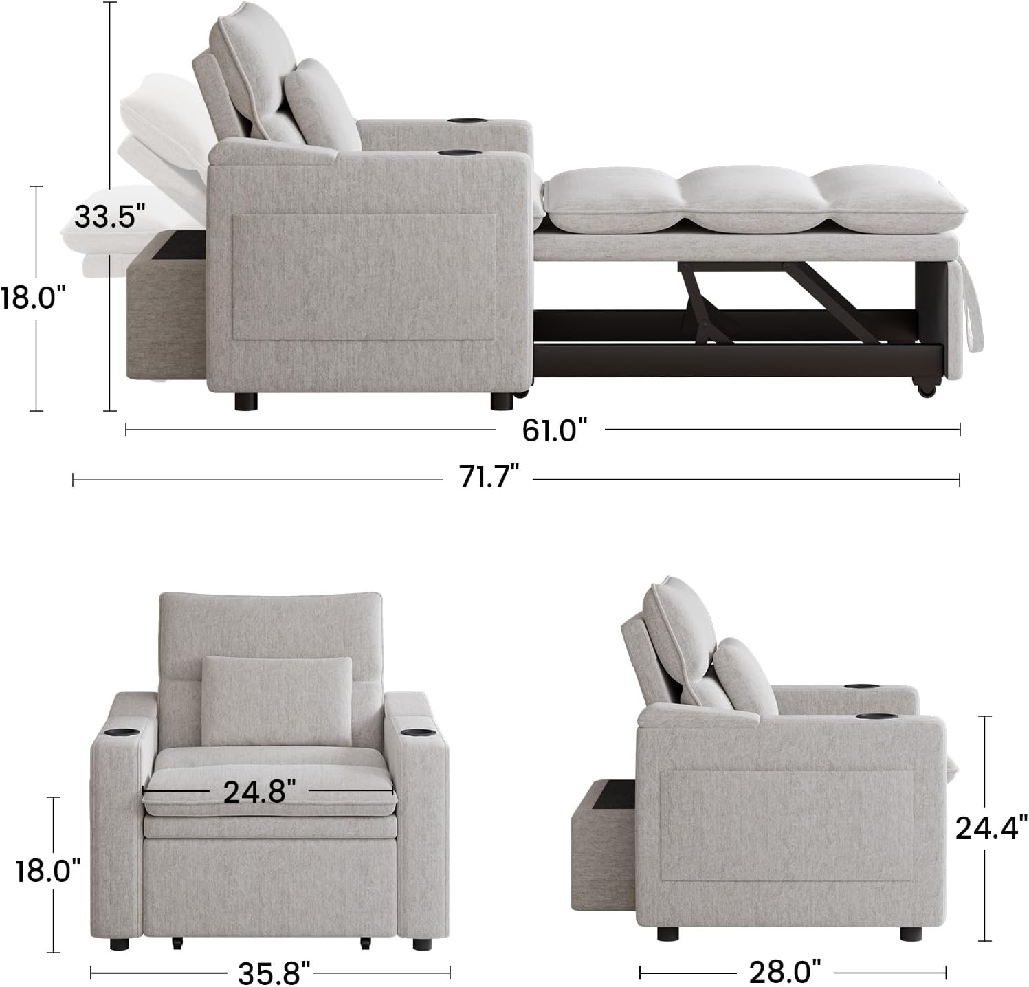 Detailed dimensions of the sleeper chair in both chair and bed configurations