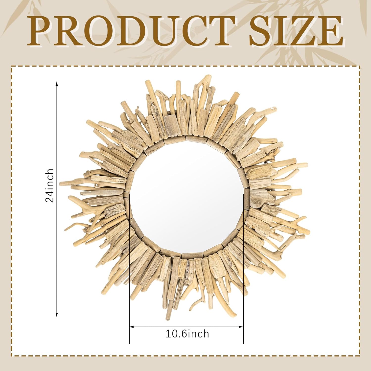 24 Inch Large Driftwood Wall Mirror Decorative Boho Sunburst, Rustic Natural Wood Coastal Farmhouse Wall Decor Frame for Entryway Bathroom, Living Room, Housewarming Gift