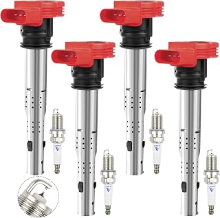 Ignition Coil Pack UF529 & Double Iridium Spark Plugs x4, Compatible with 2005-2016 Audi A3 A4 A5 A6 A7 Q7 R8 S4 TT 2006-2016 Volkswagen Golf VW Jetta MK5 MK6 GTI Rabbit Passat CC OE# 06E905115
