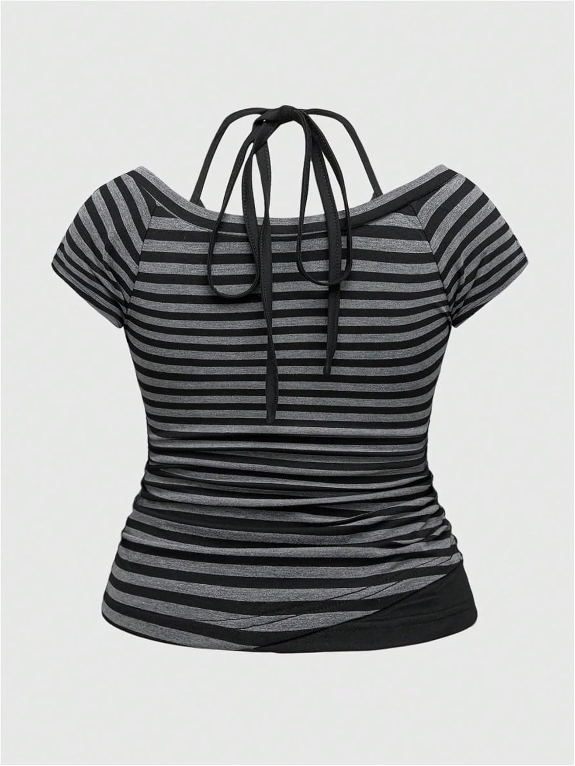 SOLY HUX Women's Plus Size Striped T Shirt V Neck Halter Short Sleeve Ruched Tee Y2k Going Out Summer Tops - Image 2