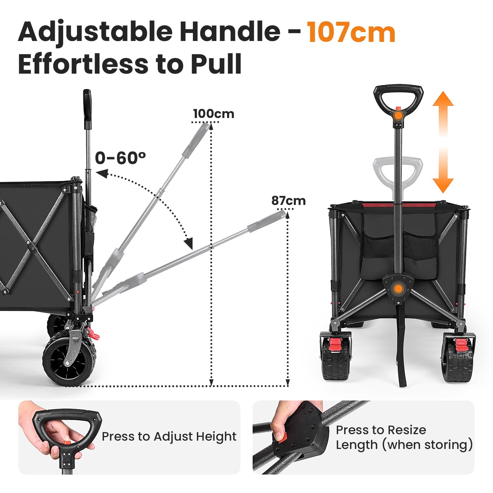 YEAUPE PRO Carrello Spiaggia 250KG, Carrellino con Ruote Grandi Girevoli a 360°, Tutti i Terreni, con rete elastica inclusa. Ideale per trasporto outdoor, prato e campeggio, 200-300L, Nero