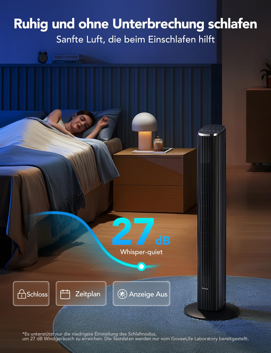 GoveeLife Intelligente leiser Turmventilator, 75° Oszillierende Ventilatoren mit App- und Sprachfernbedienung, 6.3m/s Geschwindigkeit 8 Geschwindigstufen 5 Modi 24 Std-Timer, mit Kühlung