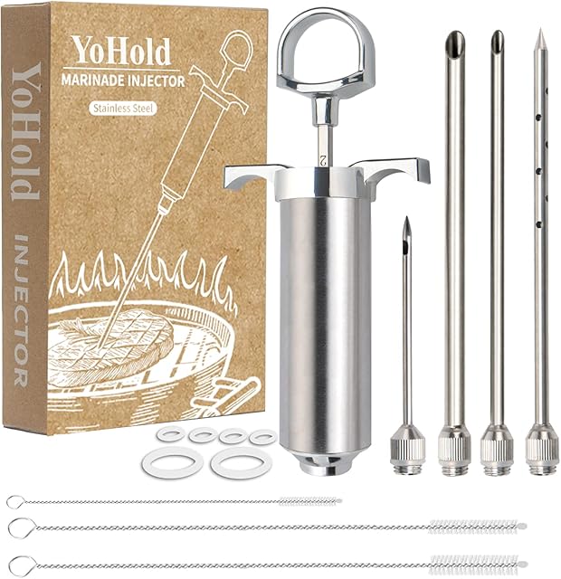 Meat Injector Kit Syringe with 4 Professional Stainless Steel Marinade Flavor Injector Needles for Smoker BBQ Grill, Turkey, Beef and Brisket; 2-oz Large Capacity, Including Paper User Manual