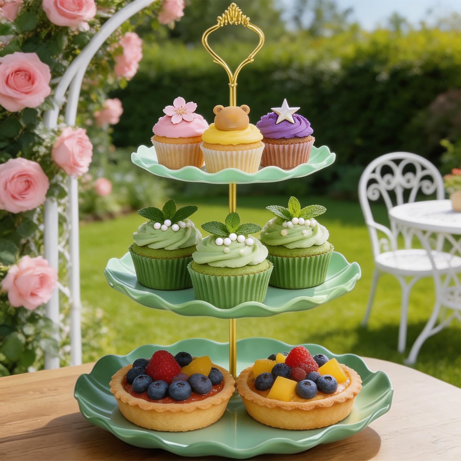 Detachable Dessert Serving Stand 3 Layer Cupcake Tower with Square Scalloped Plates, Flat Storage Design for Family Gatherings and Party Tables Cupcake Holder Tiered Pastry Tray Sweets Display Tea