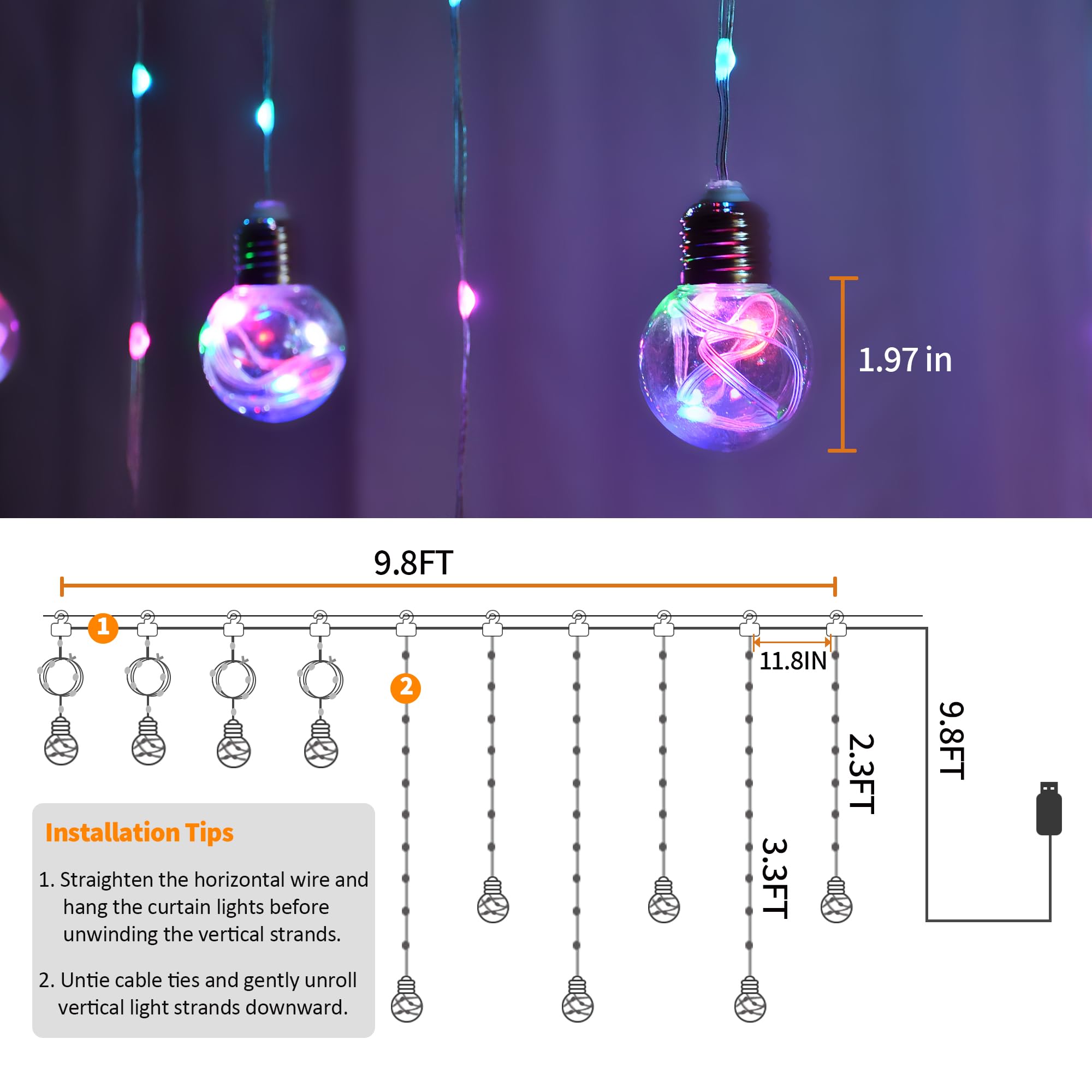 Rideau lumineux en forme de boule à souhaits changeant de couleur, 2,9 x 1,1 m RVB LED avec télécommande par application, synchronisation de la musique, toile de fond de fenêtre, lumières murales pour