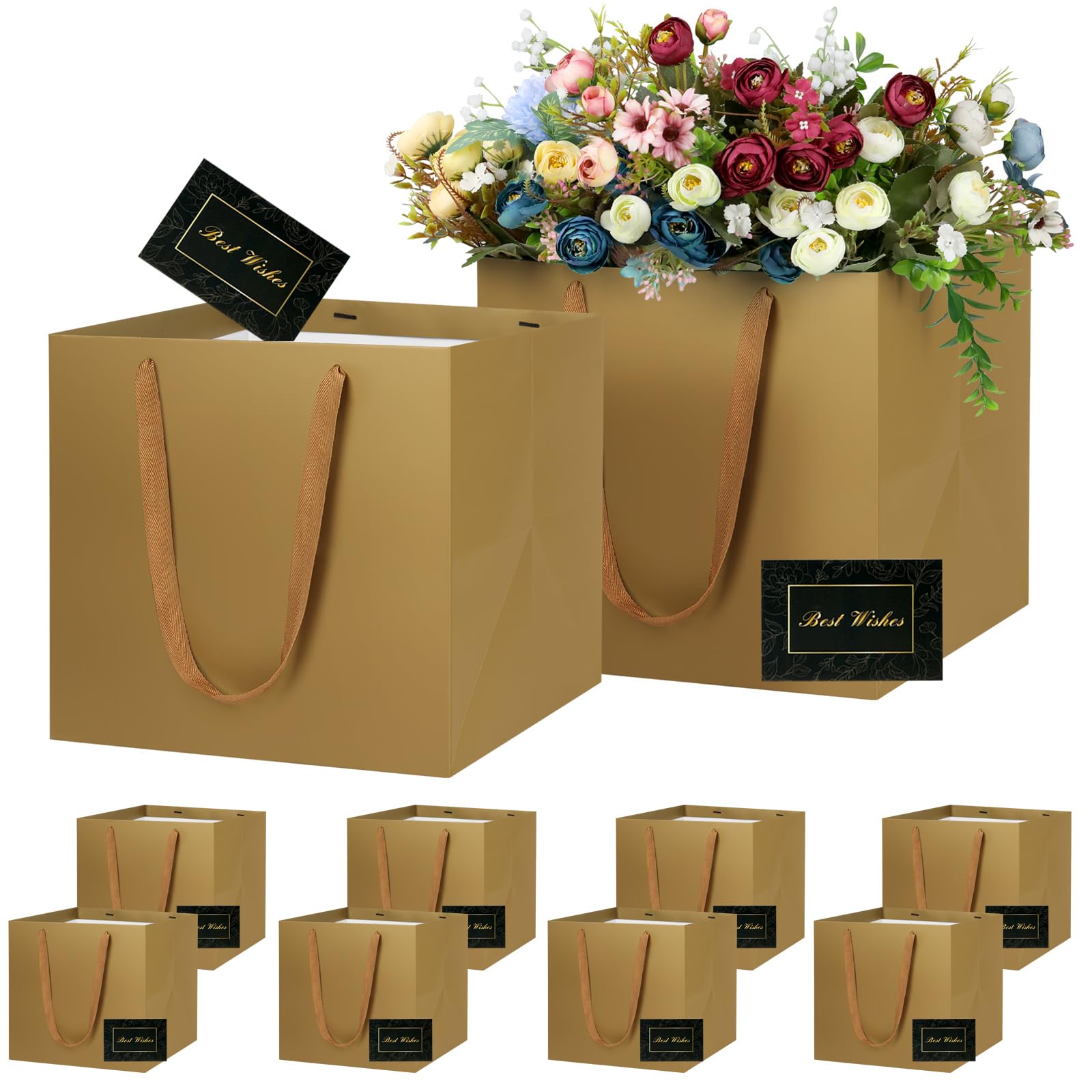 LVNRIDS 10 PCS Large Gift Bags Gold 30x30x30cm, Square Extra Large Paper Gift Bag with Cards for Christmas Presents Cake Bouquets Wedding Party Small Business