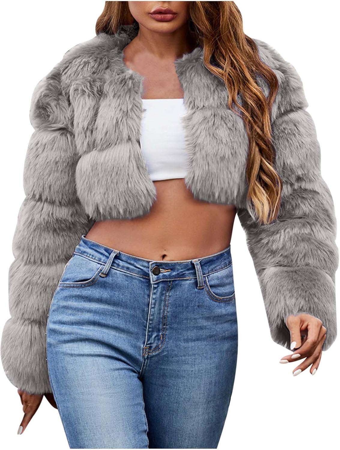 Women’s Faux Fur Jacket Cropped Fluffy Coat Warm Winter Long Sleeve Outerwear Fashion Casual Open Front Cardigan