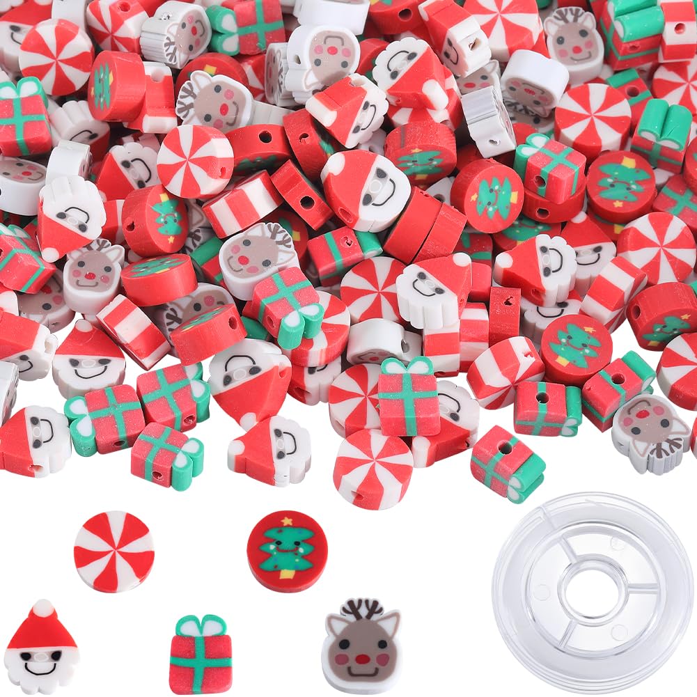 Kit De Perles Polymères Noël - 250 Perles Plates 10mm, 5 Modèles - Pour Bracelets DIY - 8