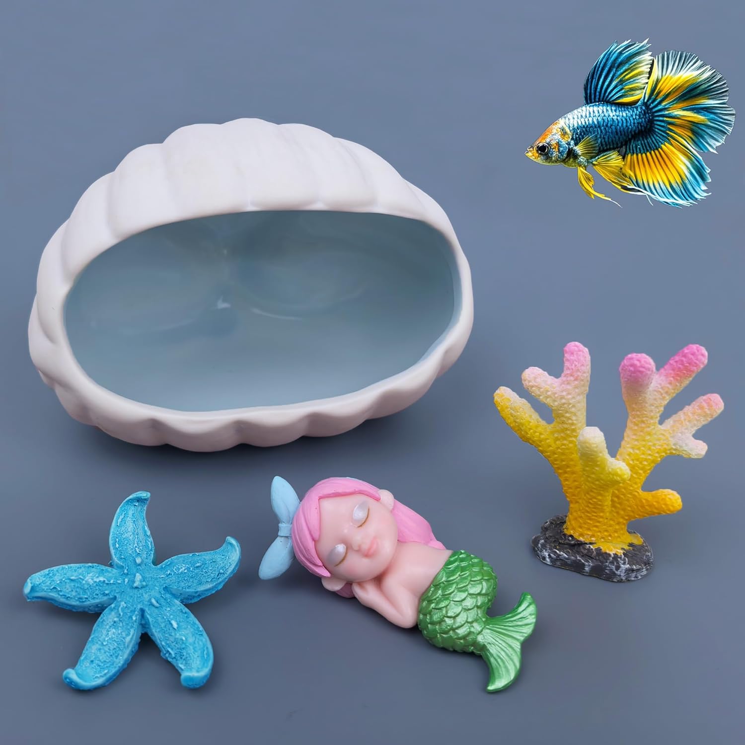 Aquarium Decor Hideout Cave 4Pack Kit, Shell Shaped Hideaway Rock+Cute Mermaid+Artificial Coral+Starfish for Beta Fish, Fish Tank Accessories MiNi Resin Coral, Ceramic Hamster House