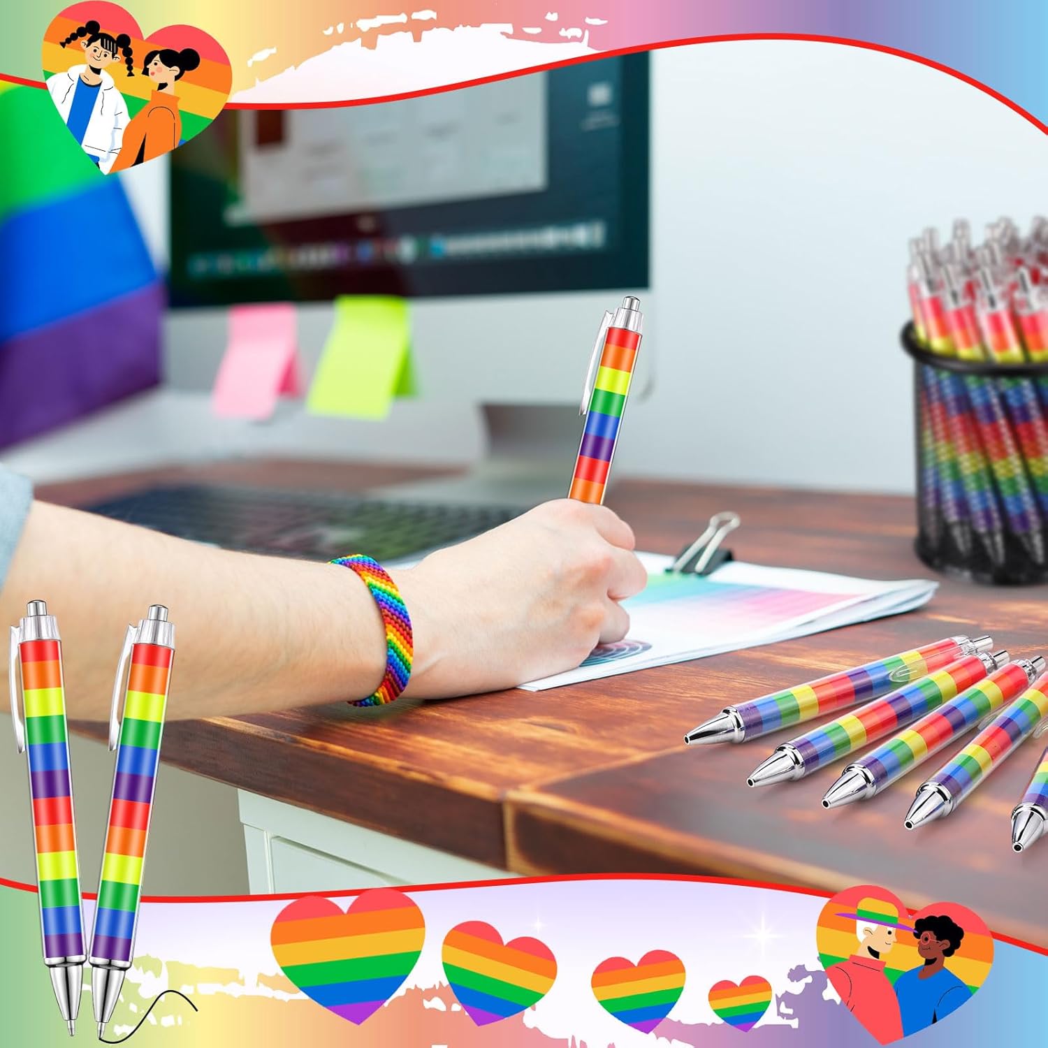 Spakon 32 Pcs Rainbow Pride Ballpoint Pens Colorful Striped Novelty Gifts for Teachers Students 1.00 mm Black Ink Smooth Writing Pens School Office Supplies for Graduation Lgbtq Awareness Month