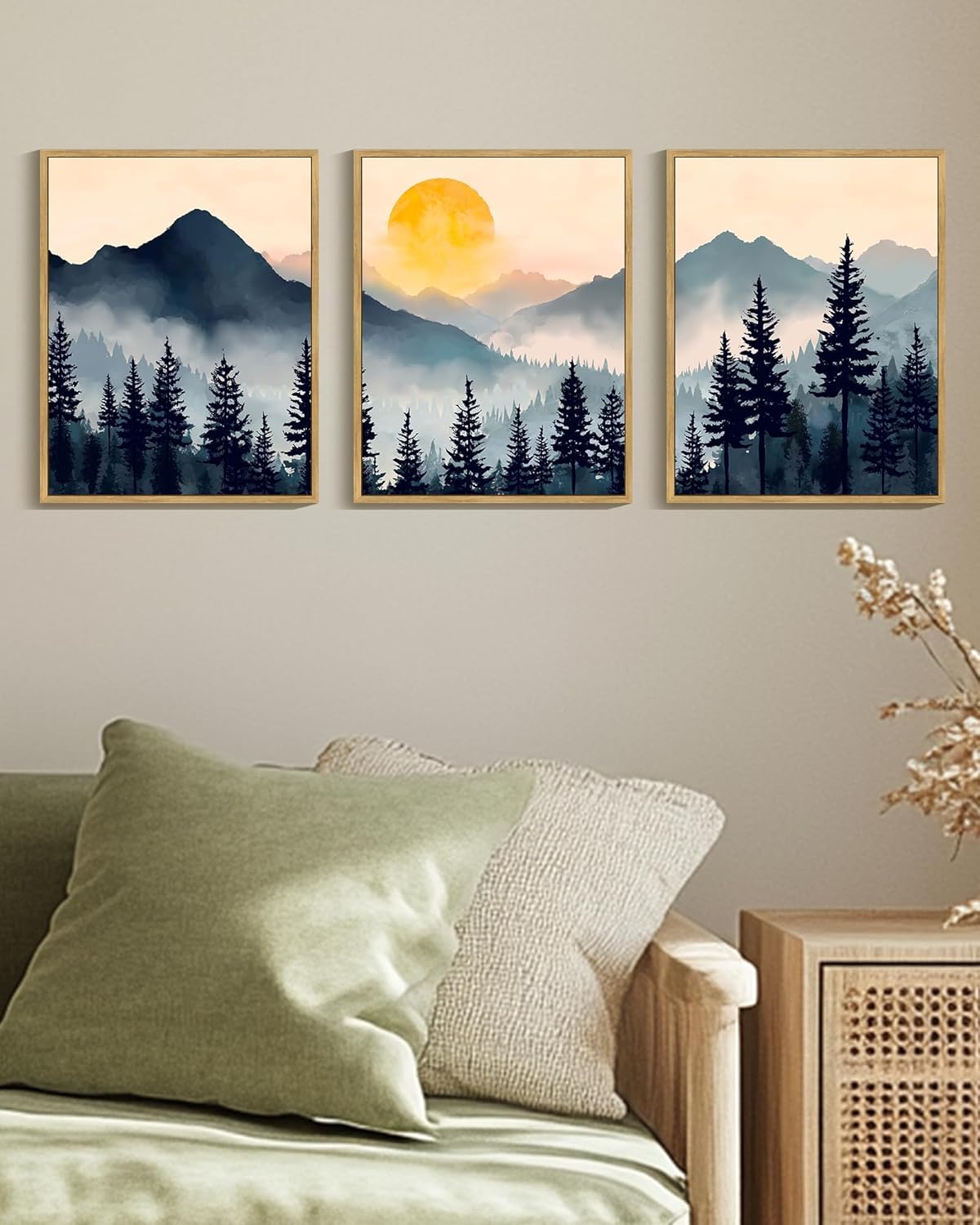 PHOPAGO Blue Fog Pine Tree Mountain Landscape Framed Wall Art Retro Watercolor Nature Misty Forest Artwork Paints Sun Rise Rustic Farmhouse Home Decor - 11x14in Natural Framed