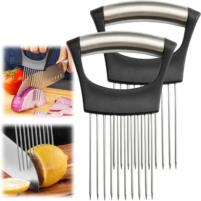 Stainless Steel Onion Slice Holder, Lemon Slicer Vegetable Cutter, Chopper Slicing Assistant Tool for Meat, Onion, Potato, Tomato Home Kitchen Tools (1 PCS)