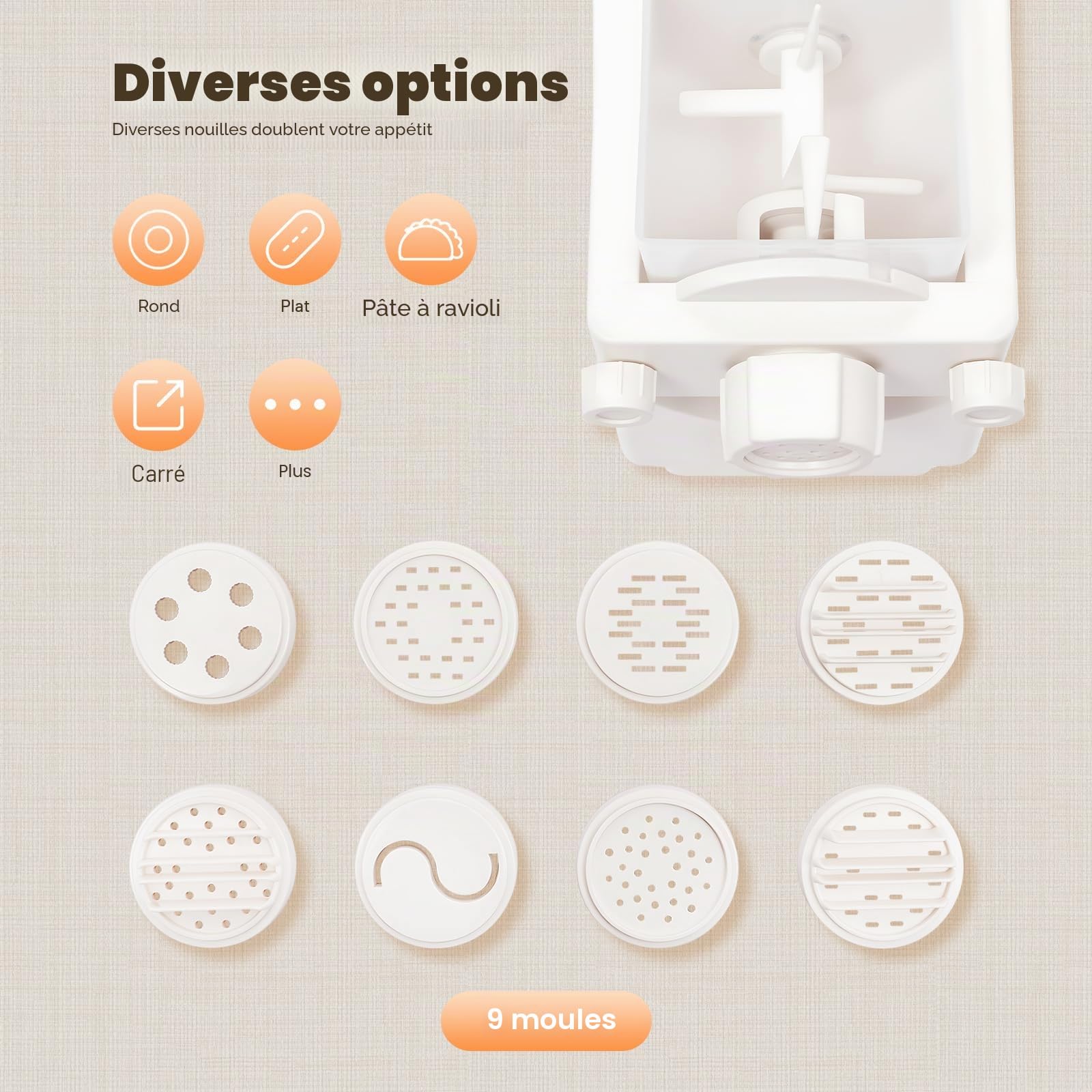 Machine à pâtes, Pasta Maker Automatique avec moteur en cuivre, Pâtes maison en 12 min, 9 formes Acier inoxydable, Mode inverse, Pâtes aux légumes, Clip de sécurité, Capacité 500g, Compact 33 cm