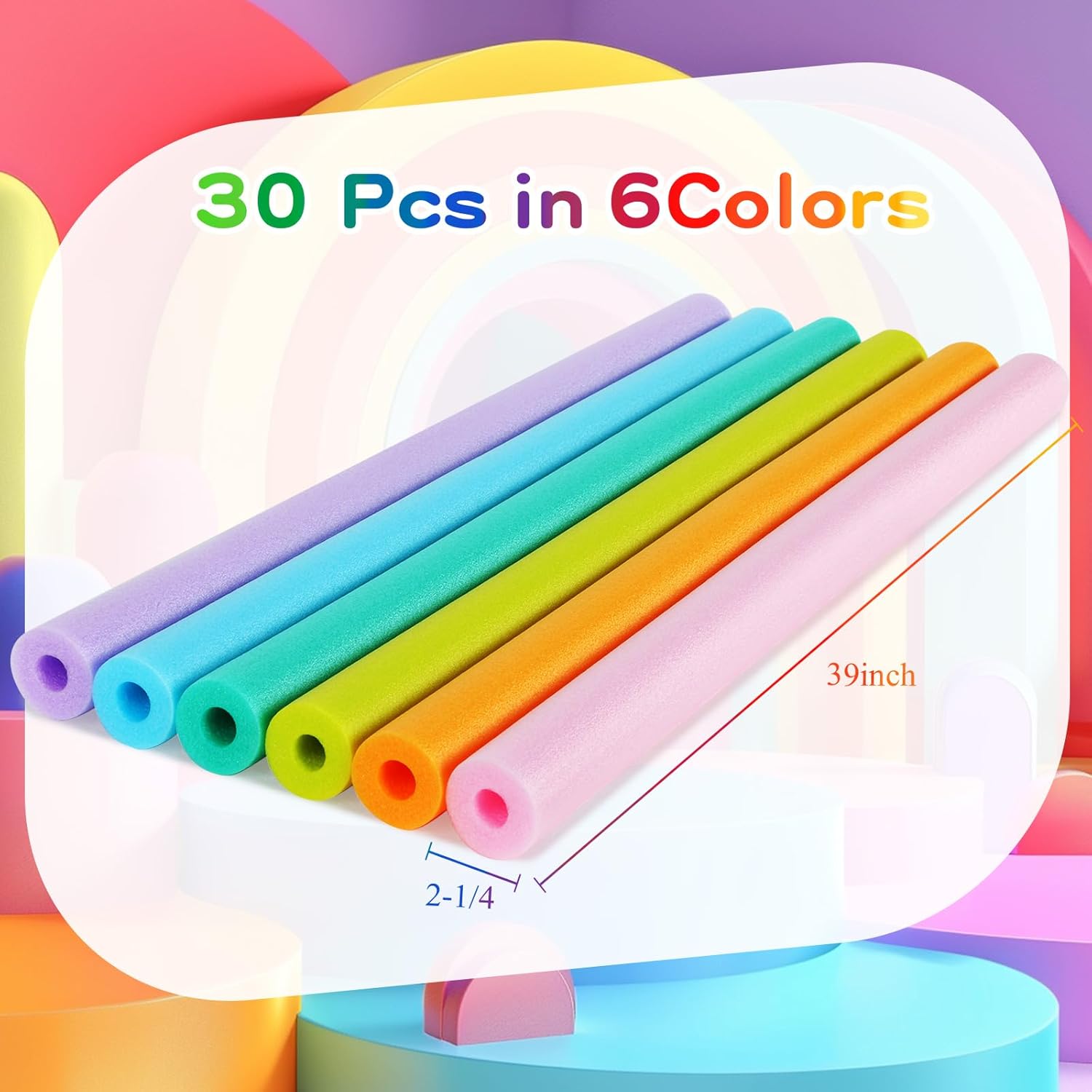 Sratte 30 Pcs Pool Noodles Bulk Jumbo DIY Decorations Heavy Duty Large Foam Swim Water Foam Hollow Noodles for Swimming Floating Craft Projects(Macaron Color,39 Inch, 2.36 Inch)