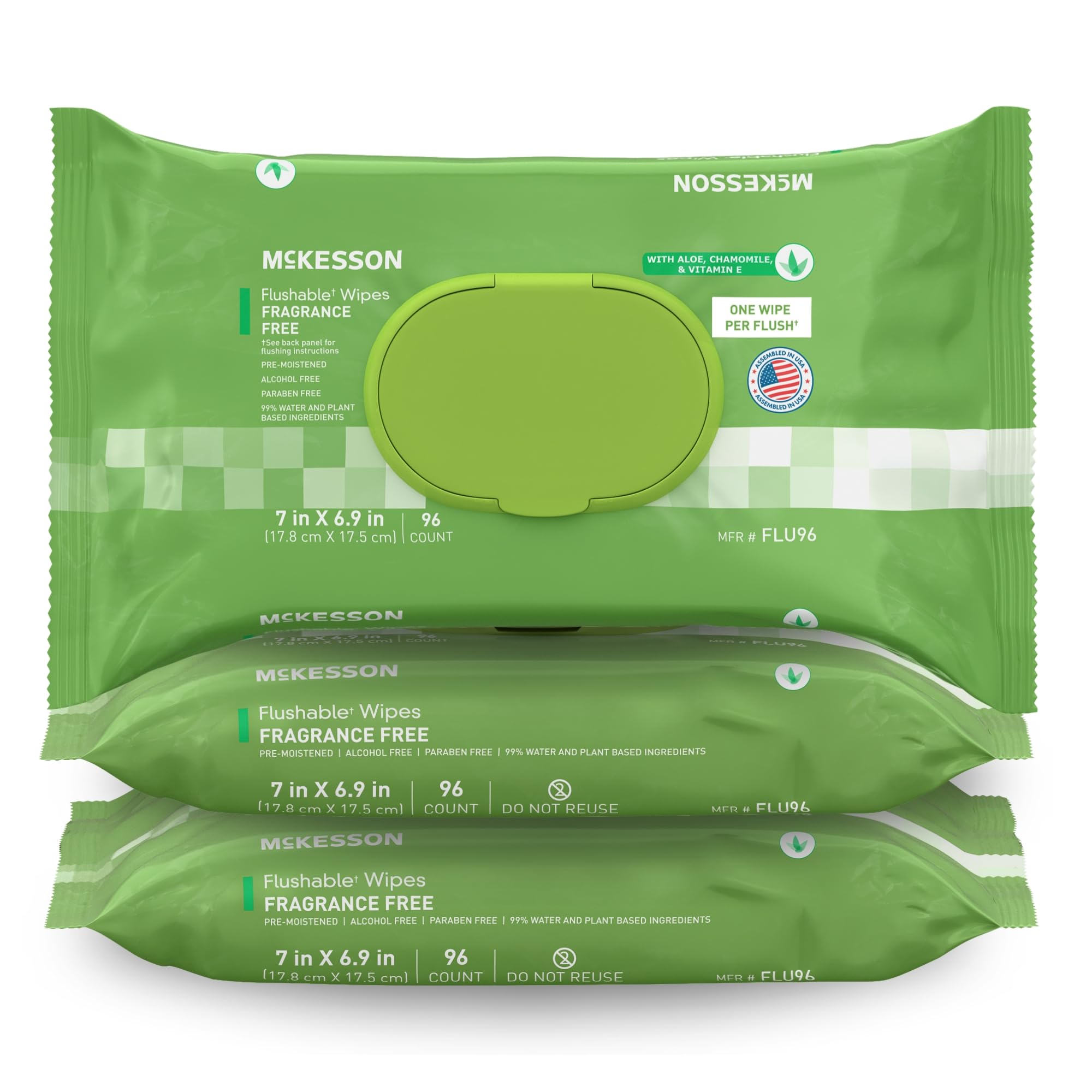 McKesson Flushable* Adult Wet Wipes – 288 Wipes (3 Pack of 96) – Aloe & Vitamin E, Plant-Based Cleansing Wipes, Unscented