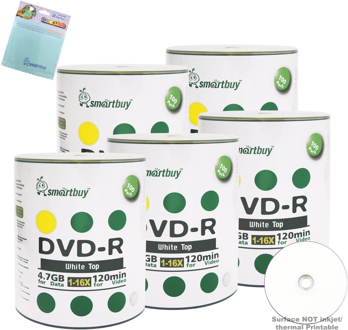 Smartbuy 500-disc 4.7GB/120min 16x DVD-R White Top Blank Media Record Disc + Free Micro Fiber Cloth