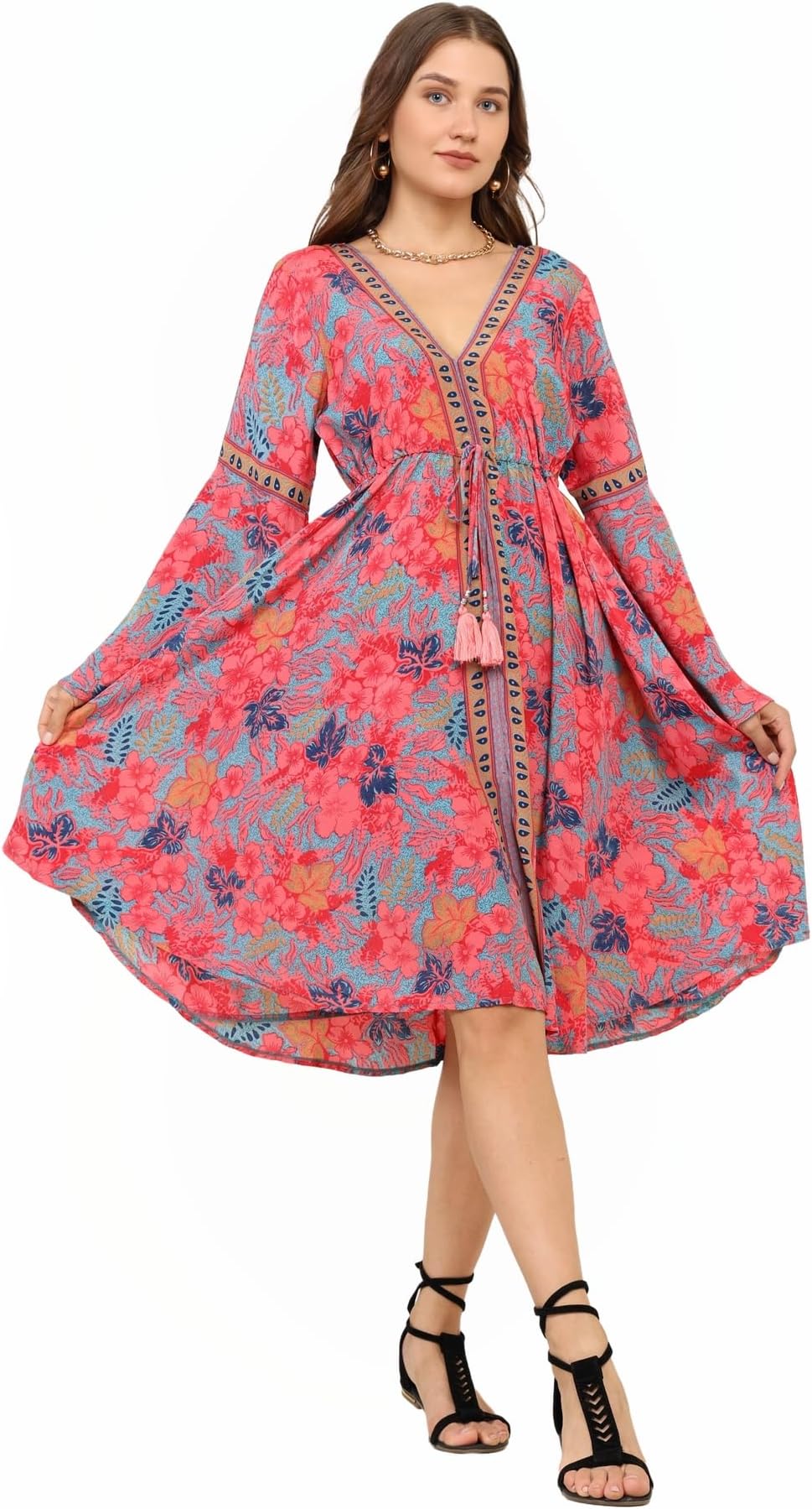 KE KanhaExportsKE KANHA EXPORTS Short Dress for Women's & Girls Unique Border Design and Tassel Stretchable Adjustable Drawstring Free Size Western Dresses fit Flared Floral Print v-Neck All Seasons