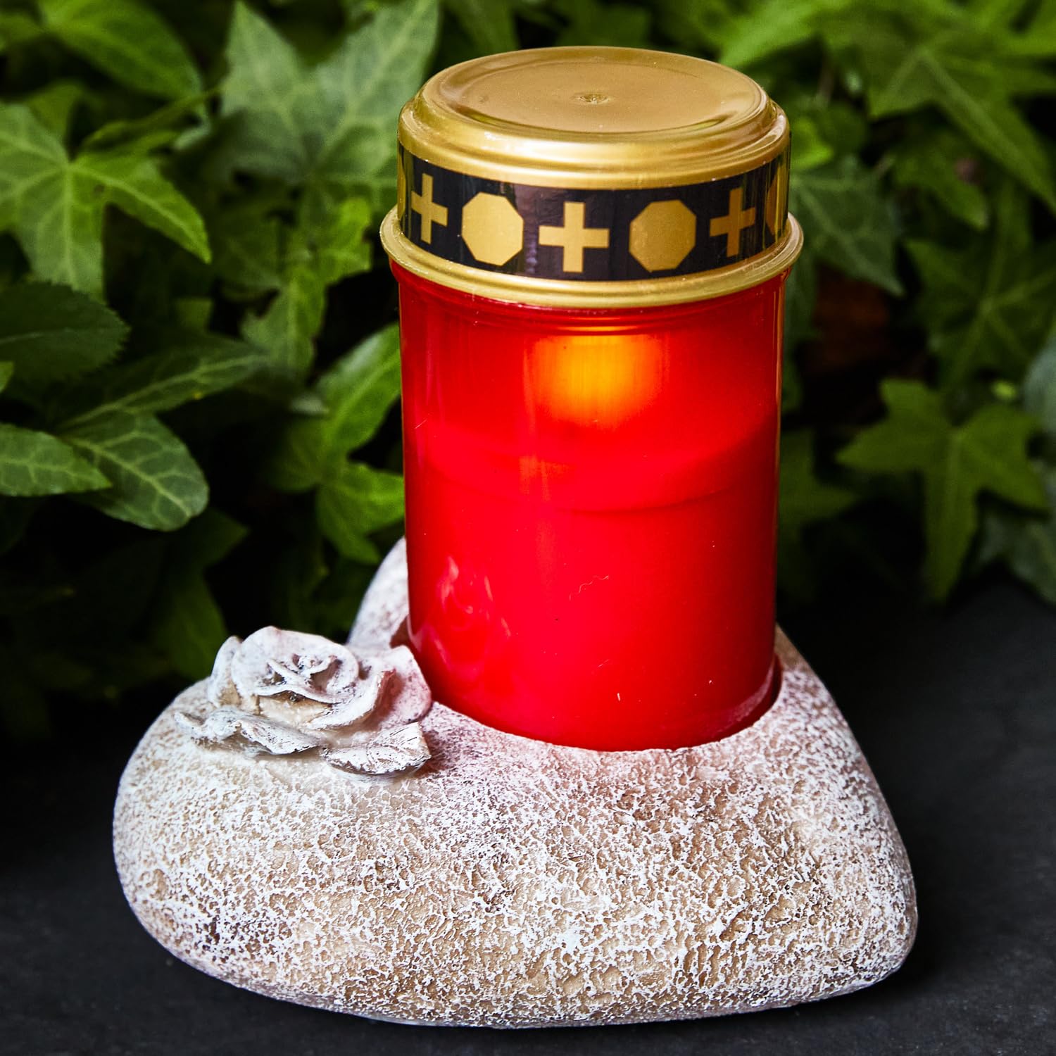 3 Pagen Decoración para tumba con forma de corazón con rosa, resistente a la intemperie, piedra conmemorativa con soporte para vela funeraria, piedra de luto, resistente a las heladas, 15 x 15 cm