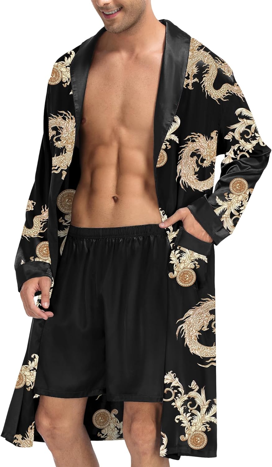 SWOMOG Men's Satin Robe with Shorts Set Silky Kimono Bathrobe Lightweight Soft Sleepwear - Image 3