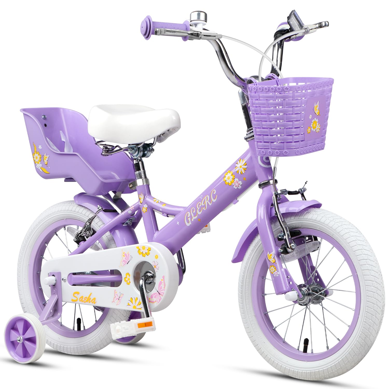 Glerc 12 Inch Girls Kids Bike for Children Ages 2 3 4 Years with Stabilisers & Doll-Seat & Basket, Purple