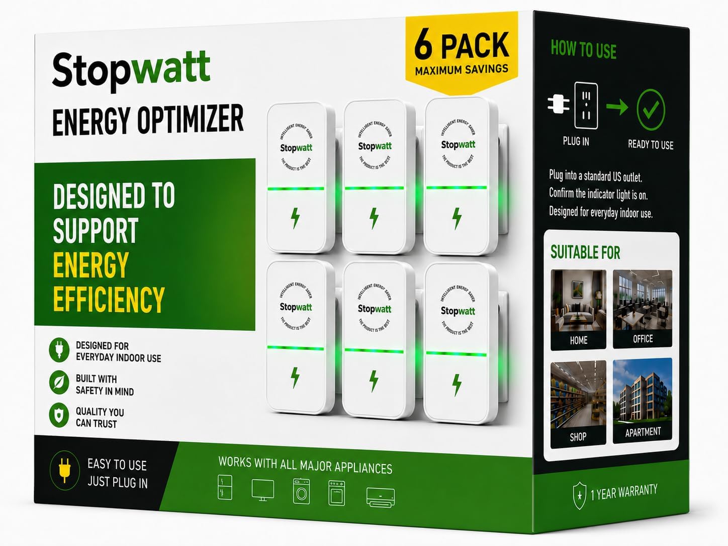 Stopwatt 6 Pack Smart Plug Device, Stop Watt Power Plug Pro for Household, Office, Shop & Supermarket, US Plug Voltage Stabilizer 90V-250V Green