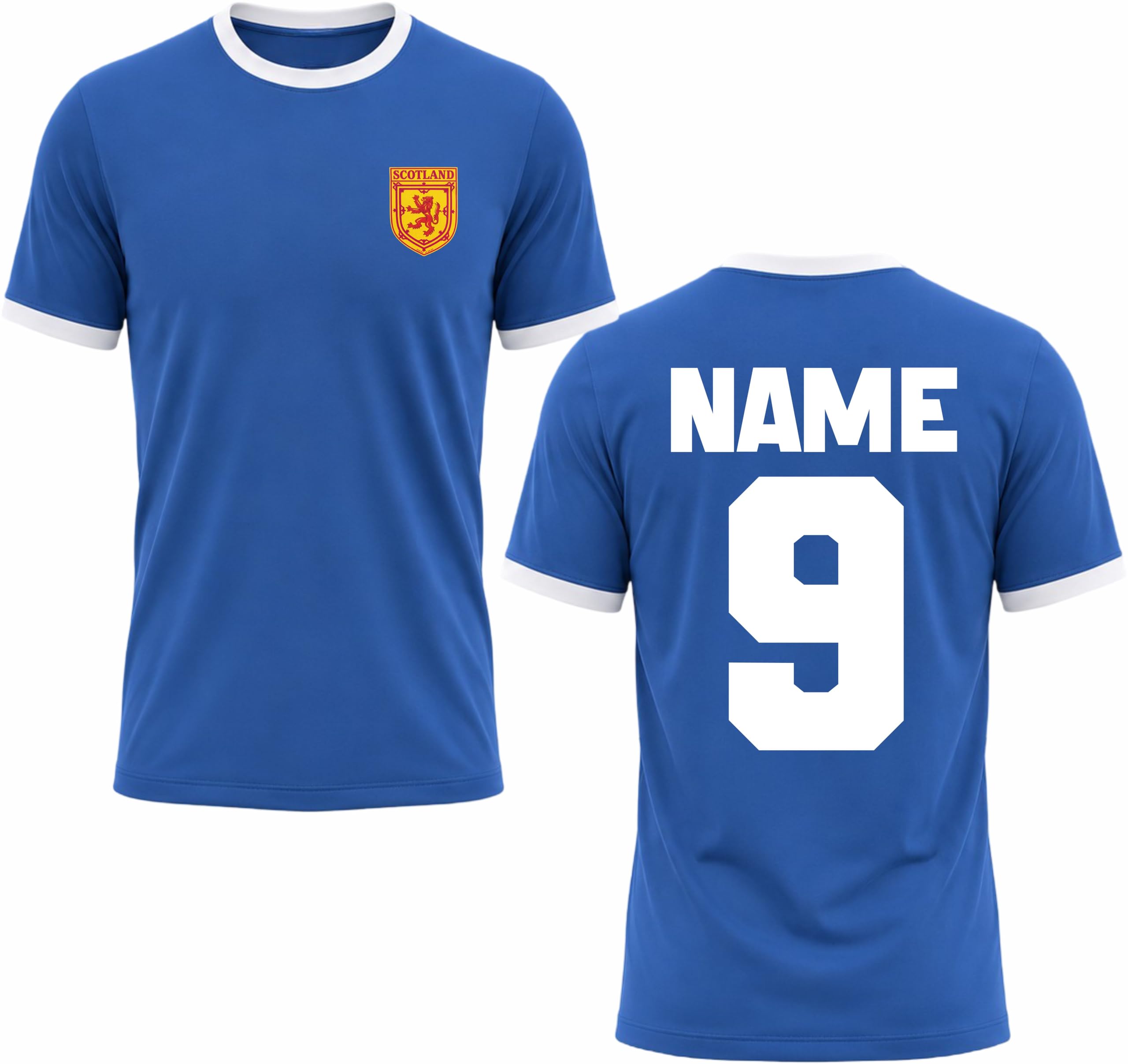 Customised Scotland Football Ringer T-Shirt Personalised Scottish Football Jersey Soccer Supporter Gift Tee Royal/White