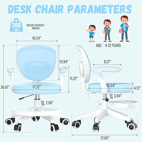 Miniatura 2 de Adjustable Kids Desk Chair, Ergonomic Children Study Computer Chair with Footrest & Flip-up Armrest, Mesh Student Teen Task Chair with Wheels, Kids
