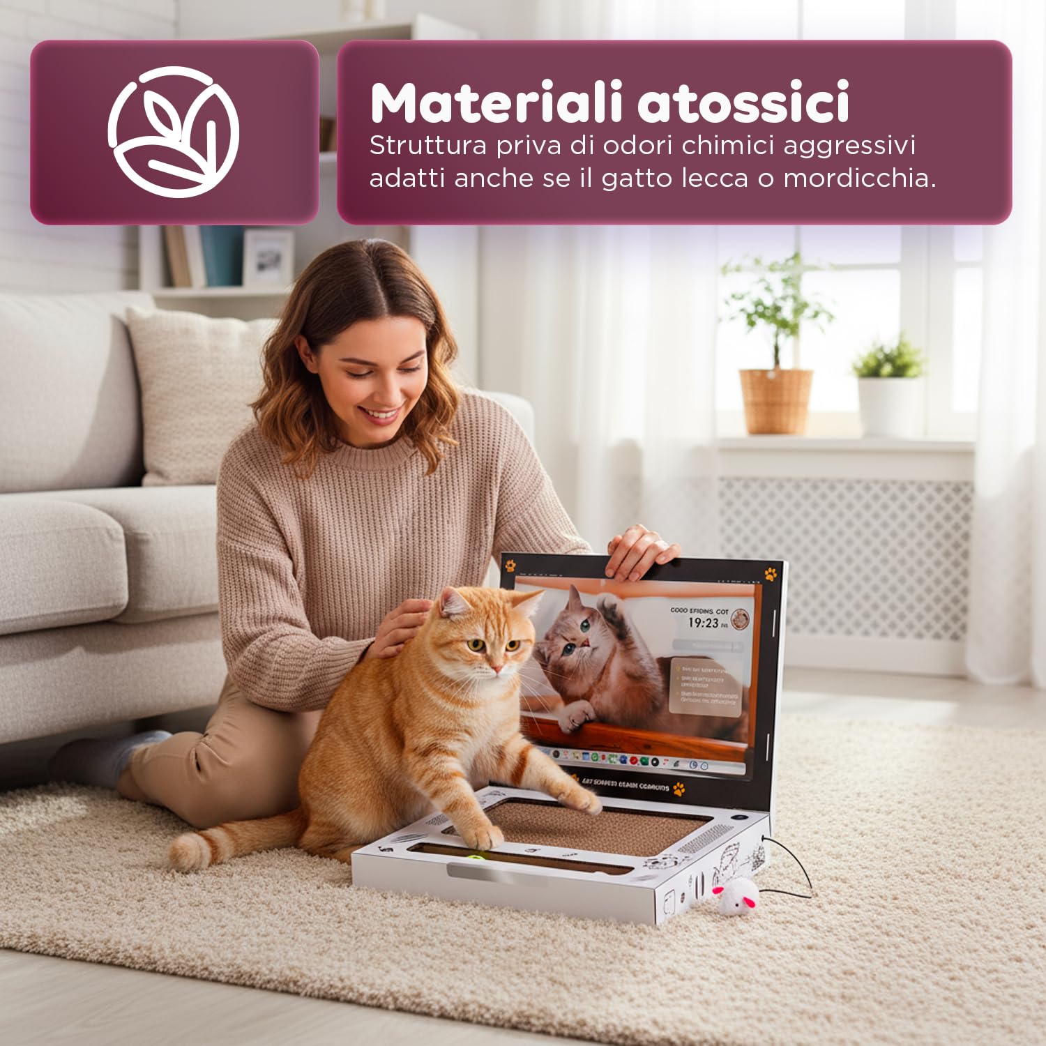 AVILIA - Tiragraffi per Gatti a Forma di Laptop - Gioco Interattivo 3 in 1 con Mouse e Tastiera in Cartone - Graffiatoio Anti-Stress per Unghie Sane - Idea Regalo Gatto