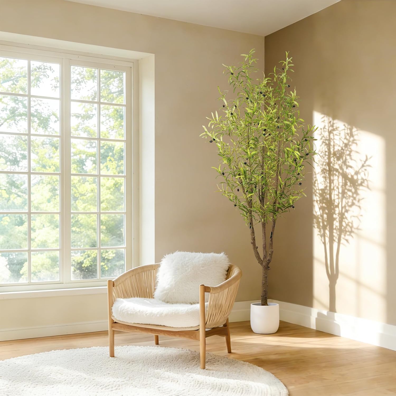 Artificial Olive Tree 7FT, Faux Olive Tree Indoor with Natural Wood Trunk & Dense Leaves, Tall Fake Olive Tree for Living Room, Office, Entryway Decor