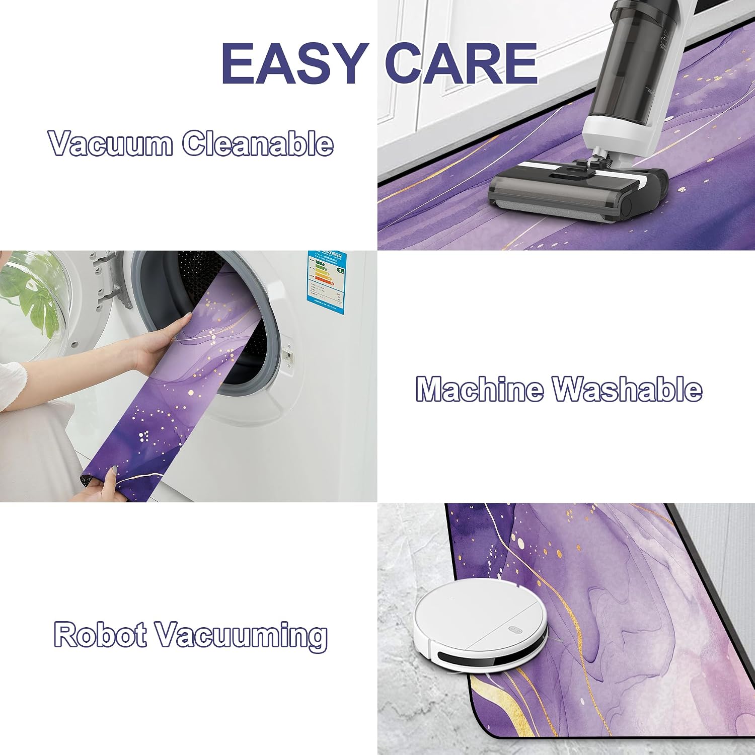 Purple Kitchen Rug Set: 2 PCS Marble Kitchen Mats and Rugs Set Washable Abstract Runner Rug for Floor Sink Laundry Dining Room Hallway Home Office, 20"x31.5"+ 20"x47"