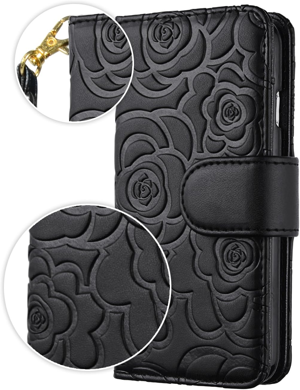 FLYEE Case Compatible with iPhone 6 Plus(2014)/iPhone 6s Plus(2015) 5.5 inch,Wallet Case for Women with Card Holder,Premium Vintage Embossed Flowers Wallet case Skin with Detachable Wrist Strap-Black