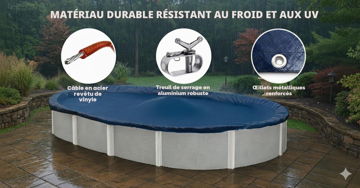 Winter Block Bâche d'hivernage pour Piscine Hors Sol Ovale de 4,6 x 7,3 m, avec treuil et câble, résistance et durabilité, Protection UV