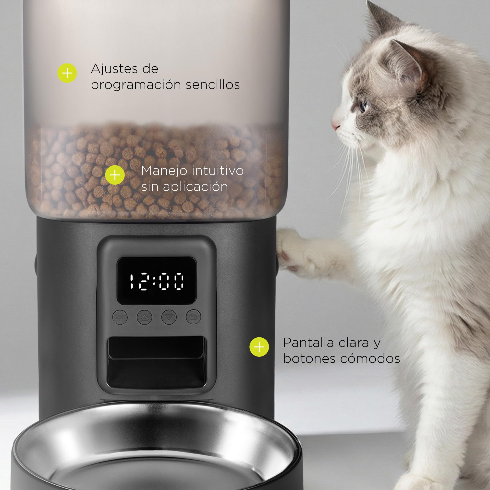 Crispy Comedero Automático para Perro, Dispensador de Comida Programable con Temporizador, sin App Fácil, LCD, USB-C con Pilas de Respaldo, Cuenco Acero Inoxidable, 4,5 L, 2 Deshumidificadores