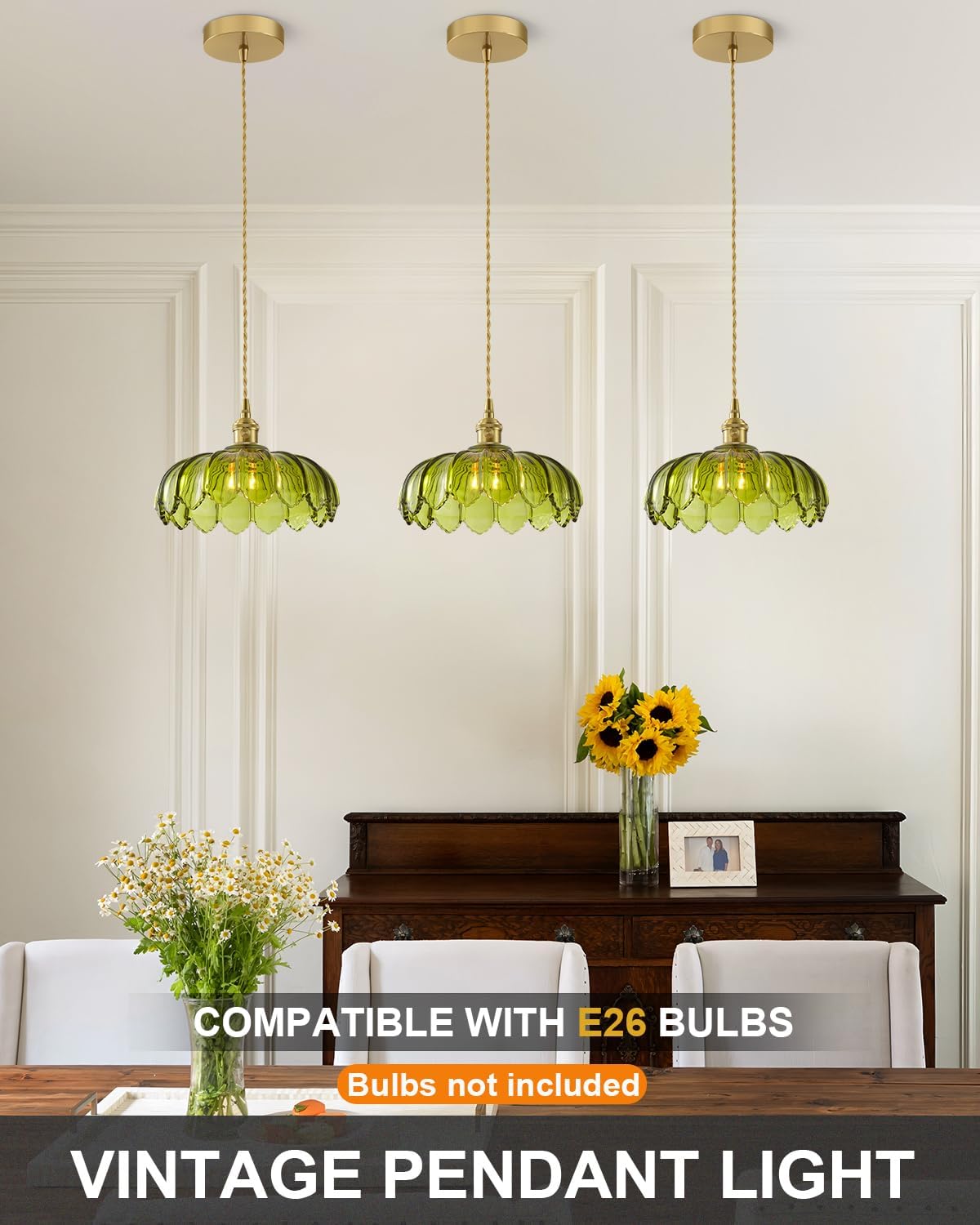 Vintage Glass Pendant Light，Green Flower Ceiling Pendant Light，Gold Adjustable Hanging Wire for Kitchen Island Dining Room Bedroom Hallway (10Inch - Green(D))